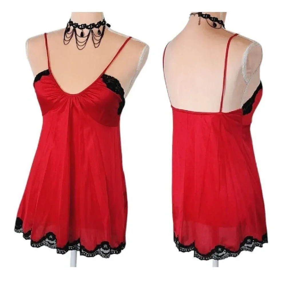 VTG 60s USA Red Black Nylon Scoop Neck Babydoll Lingerie Slip Small RARE - Picture 7 of 16